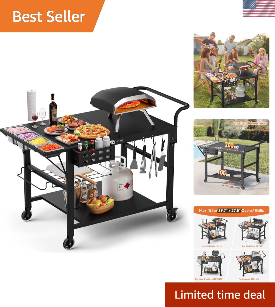Rust-Proof Outdoor Grill Cart with Spice Rack: Ideal for Pizza Oven and BBQ Prep