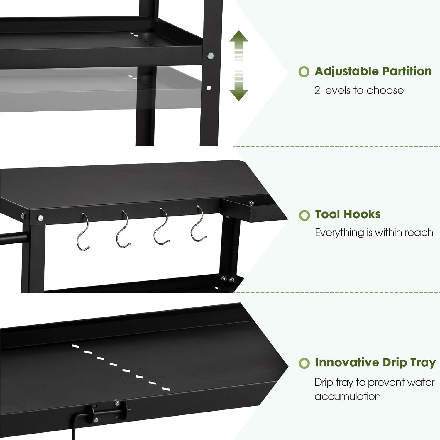Black Iron Outdoor & Indoor Grill Cart with Lockable Casters & Hooks