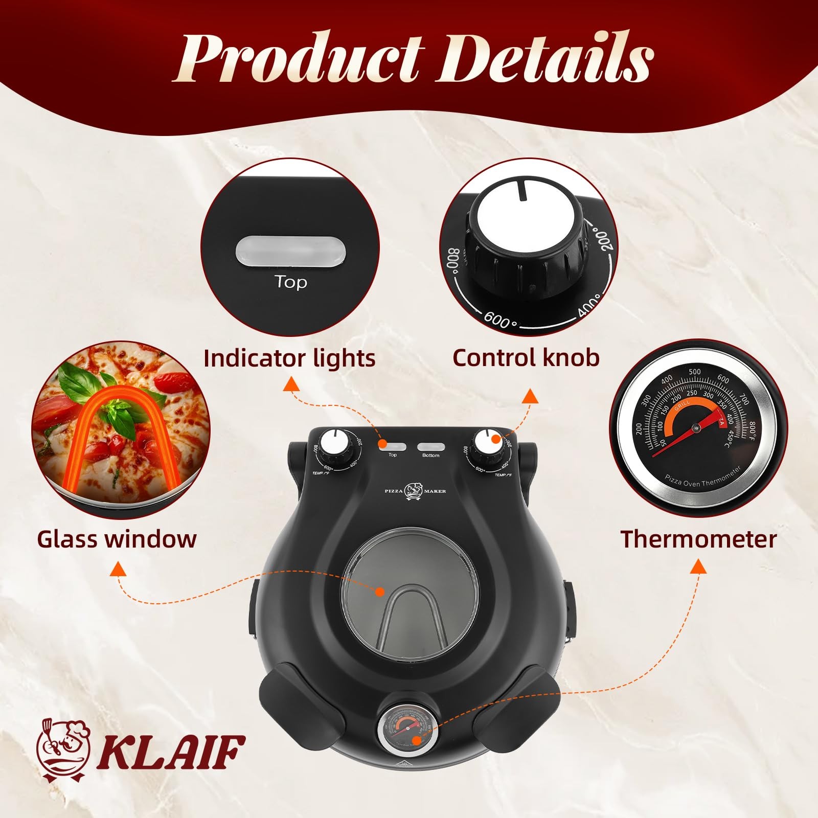 Klaif 12 Electric Countertop Pizza Oven Indoor Ceramic Stone Dual Adjustable
