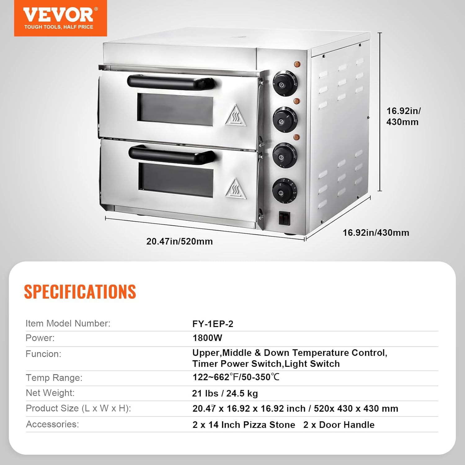 14″ Double Deck Stainless Steel Electric Pizza Oven for Home & Restaurant