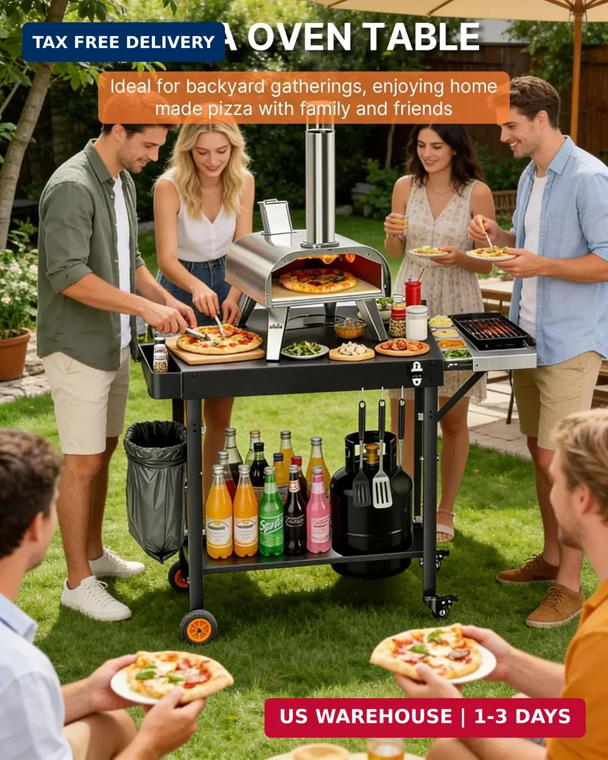 Outdoor Pizza Oven Table, Portable Pizza Oven Cart with Topping Station, Heavy D