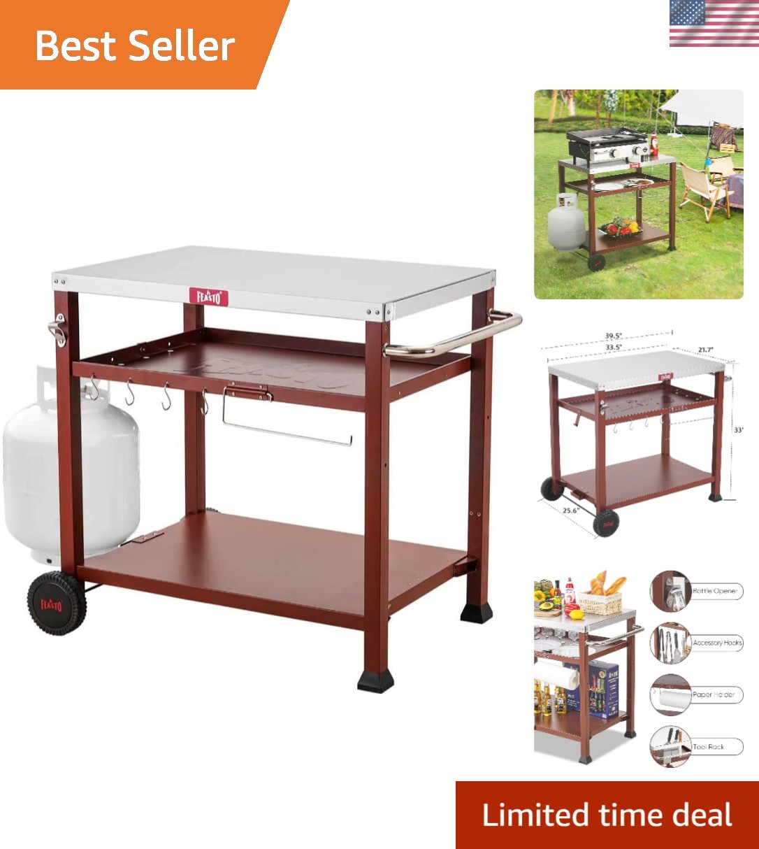 Multifunctional Grill Cart with 33.5″ Stainless Surface & Large Storage Capacity