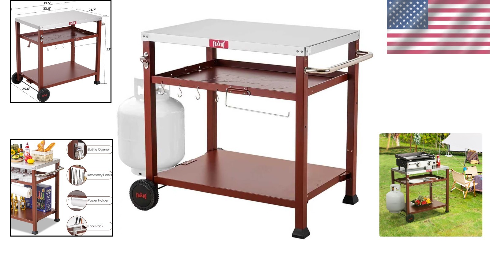Multifunctional Grill Cart with 33.5″ Stainless Surface & Large Storage Capacity