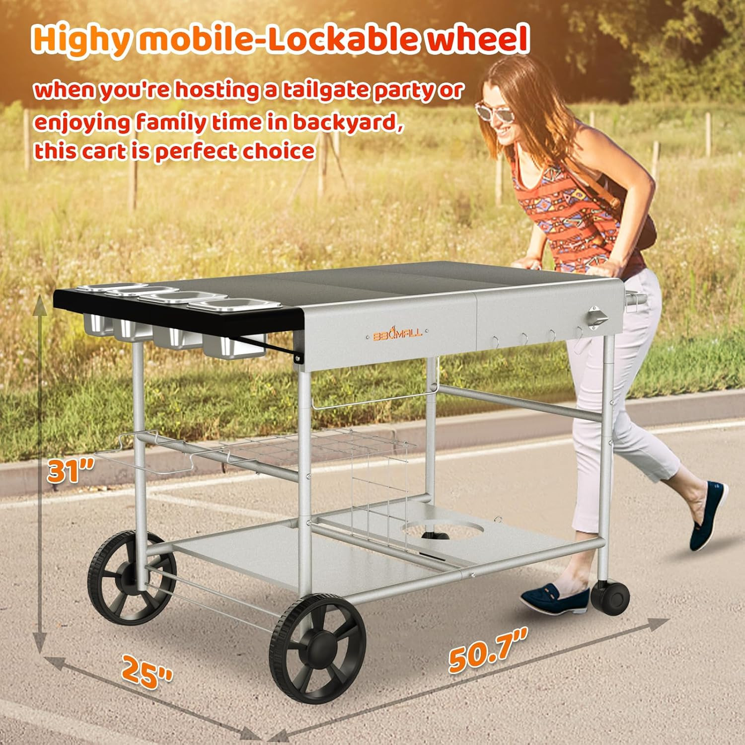 Pizza Oven Table Grill Cart with Pizza Topping Station Movable Food and Prep Wor
