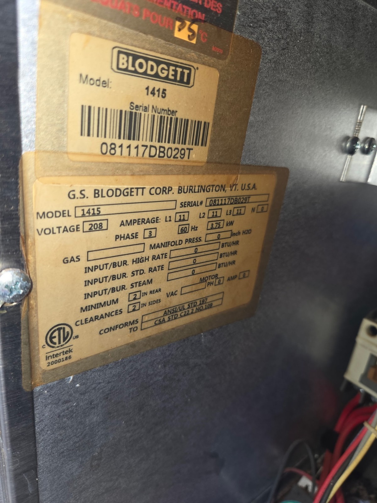 Blodgett Pizza Oven Single Deck/Door Model 1415 208V