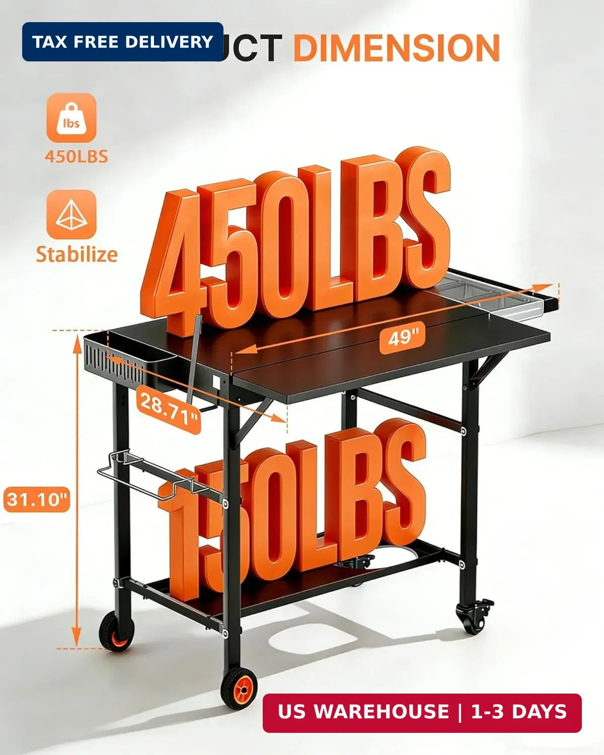 Outdoor Pizza Oven Table, Portable Pizza Oven Cart with Topping Station, Heavy D