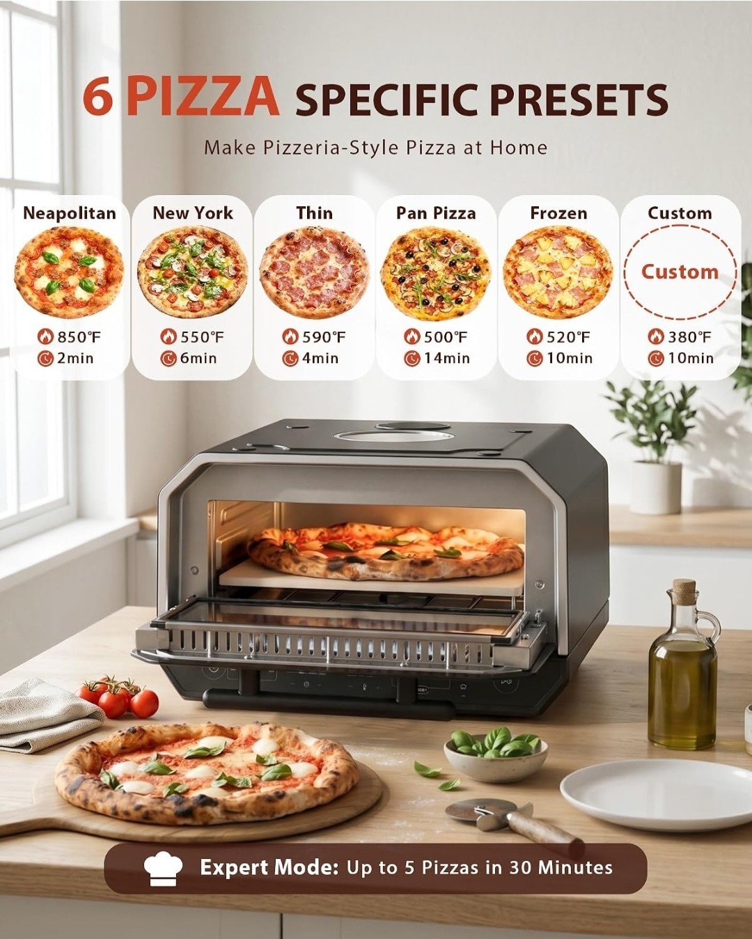 13-in-1 Countertop Pizza Oven, 12″ 850°F, 6 Presets, Black.