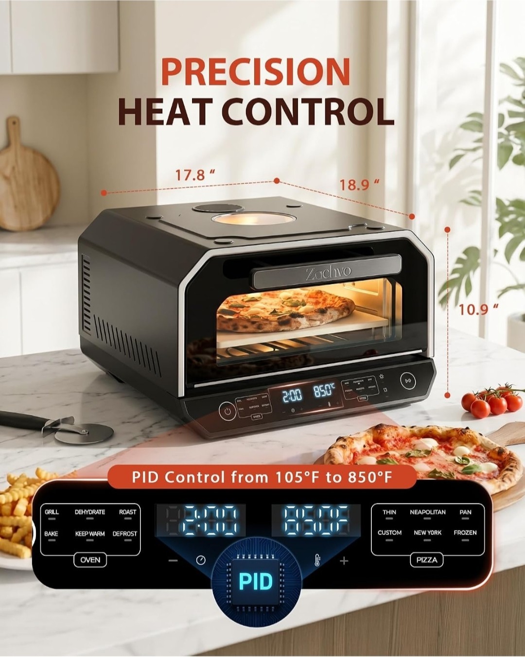 13-in-1 Countertop Pizza Oven, 12″ 850°F, 6 Presets, Black.