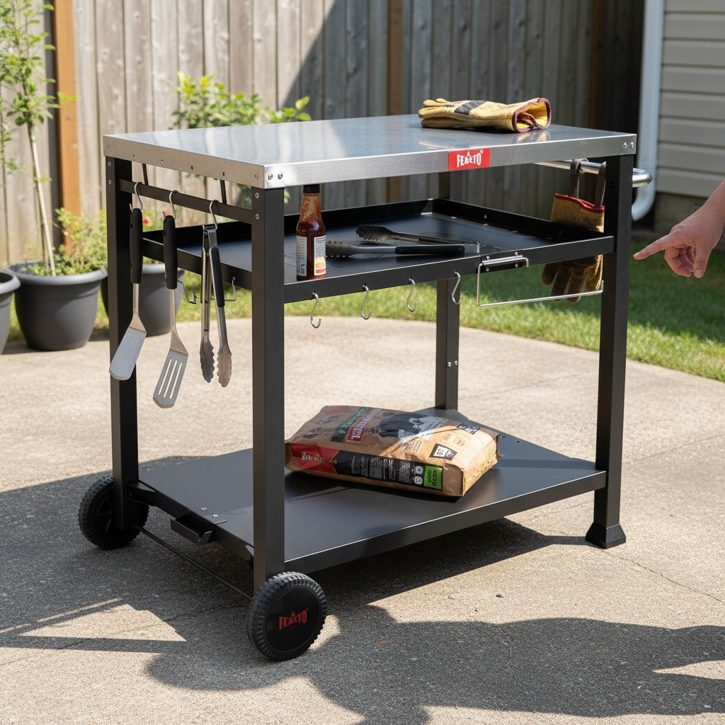 Versatile 3-Shelf BBQ Prep Station with 33.5” Stainless Steel Surface