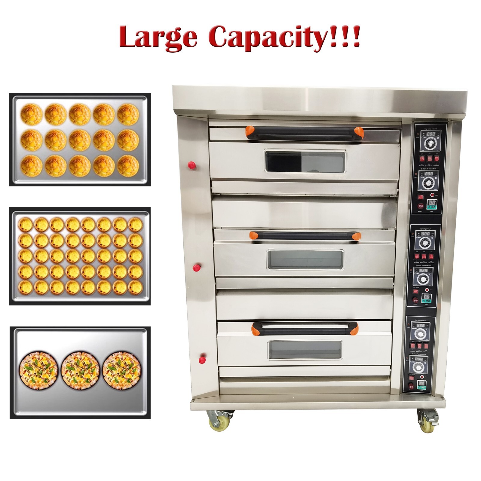 3-Layer Commercial Gas Heating Movable Electric Pizza Oven 6 Baking Sheets 110V
