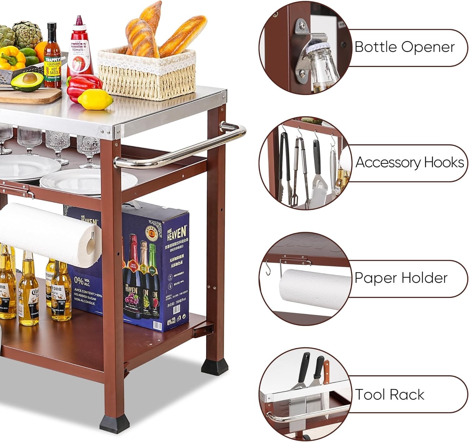 Multifunctional Grill Cart with 33.5″ Stainless Surface & Large Storage Capacity