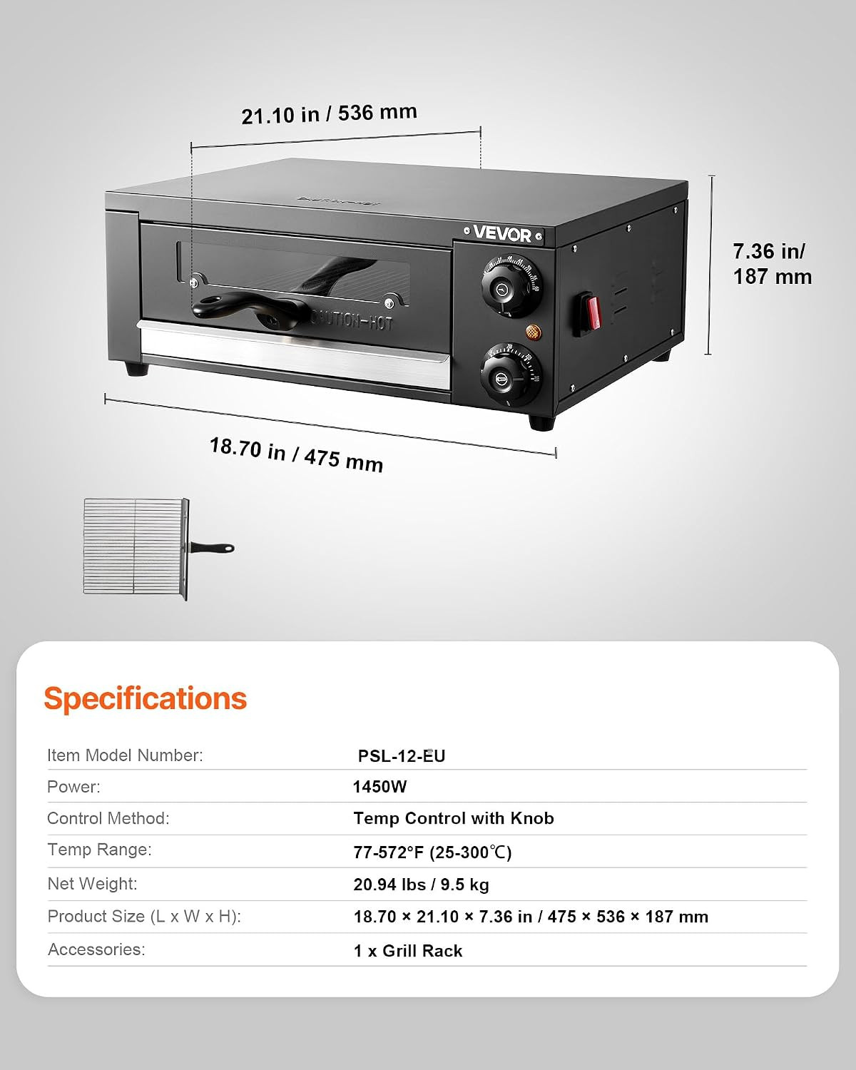 Electric Pizza Oven, 12 in Countertop Pizza Oven, 77 to 572°F Temp Range, 1450W