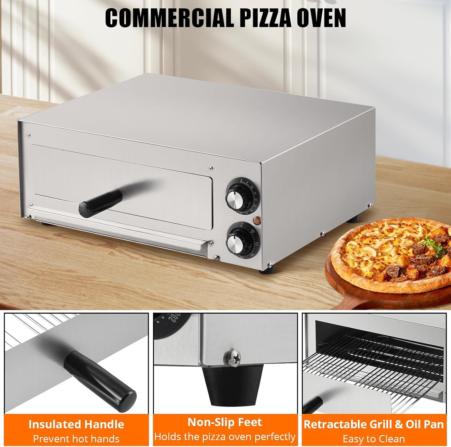 110V Electric Pizza Oven 1100W Dual Heating Timer Stainless Steel Removable Tray