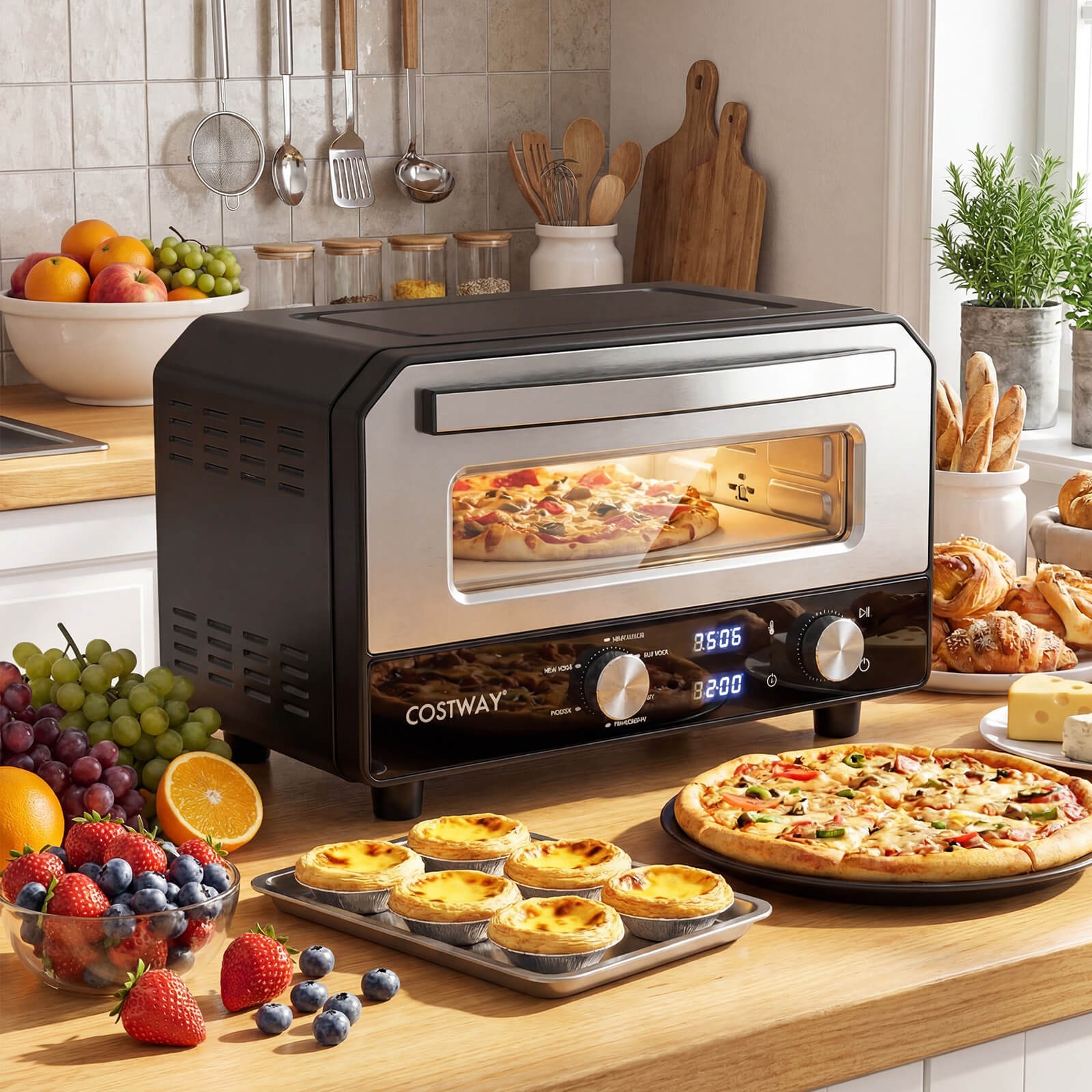 Pizza Oven for 12″ Pizzas w/6 Presets & 2-Min Rapid Baking Heats up to 750℉