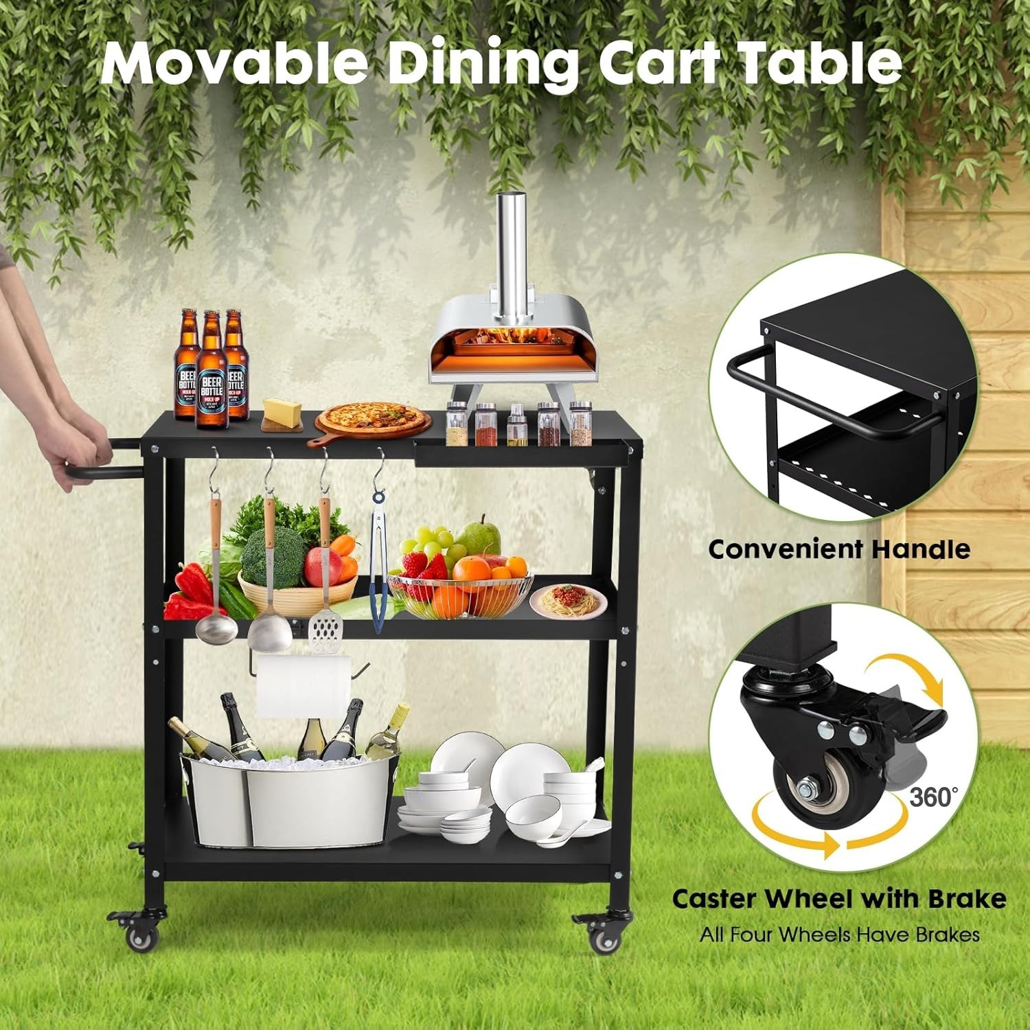 Black Iron Outdoor & Indoor Grill Cart with Lockable Casters & Hooks