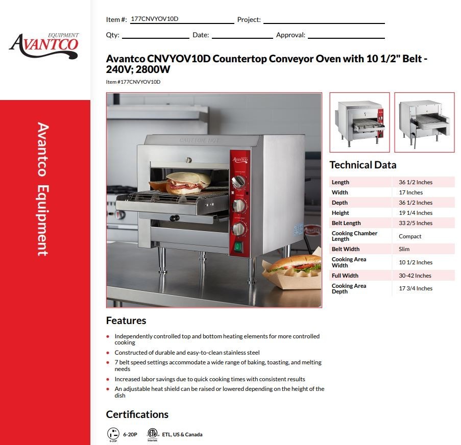 Avantco 177CNVROV10A Countertop Conveyor Oven 10.5″ belt