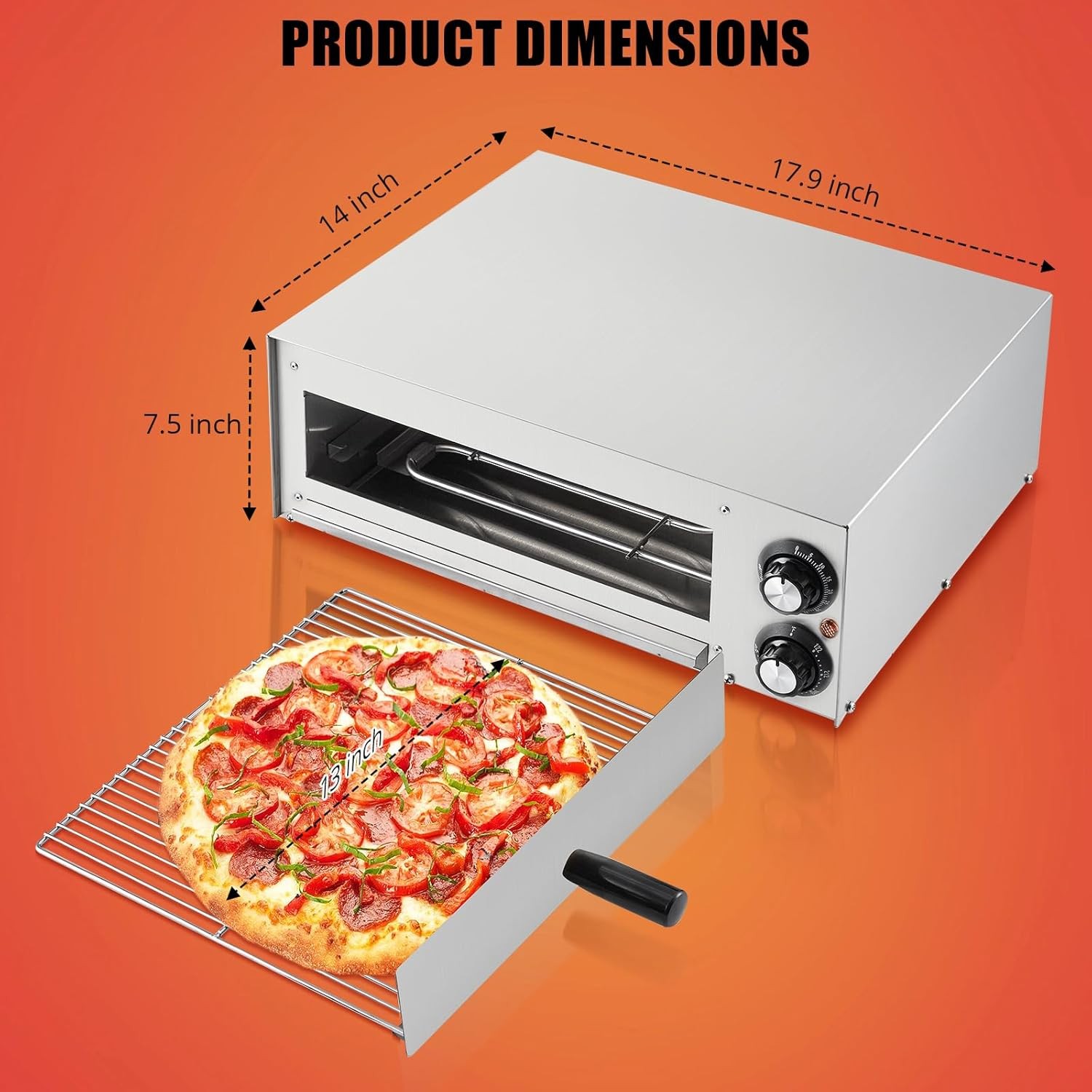 110V Electric Pizza Oven 1100W Dual Heating Timer Stainless Steel Removable Tray