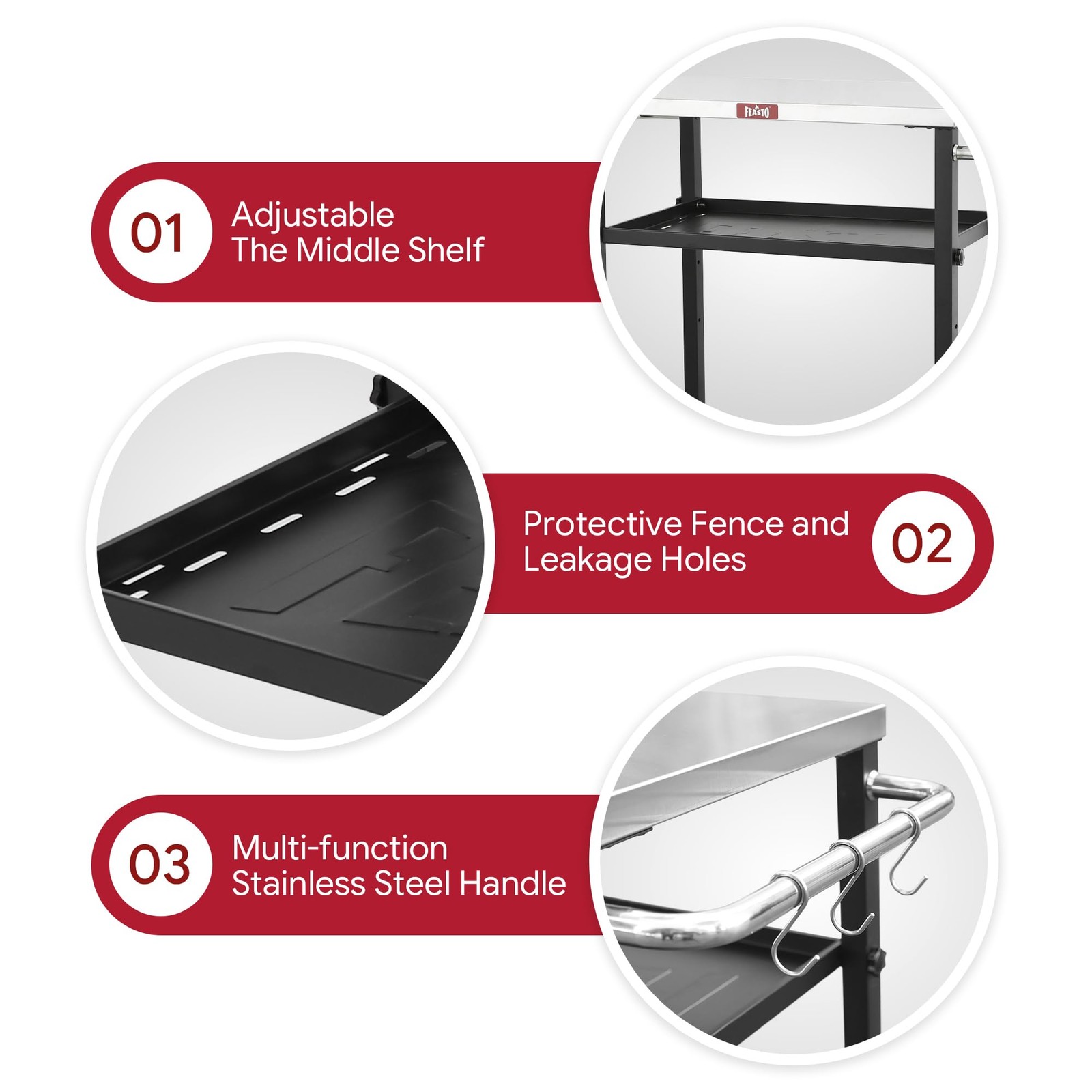 Feasto 3-Tier Outdoor Grill Cart, Rolling Pizza Oven Compact, Stainless Steel