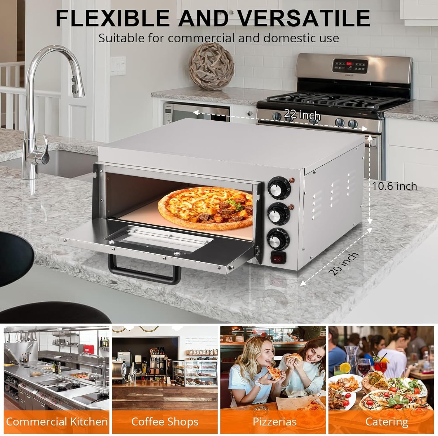 110V Electric Pizza Oven 1100W Dual Heating Timer Stainless Steel Removable Tray