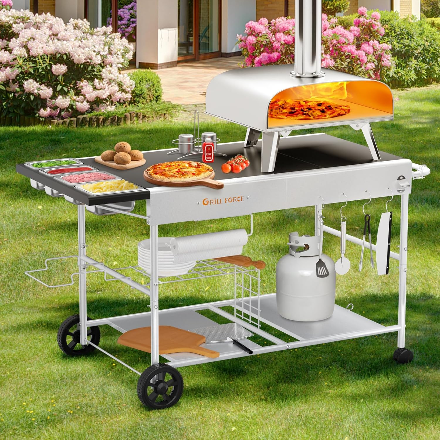 Pizza Oven Table with Topping Station, Outdoor Pizza Oven Cart, Grill Table for