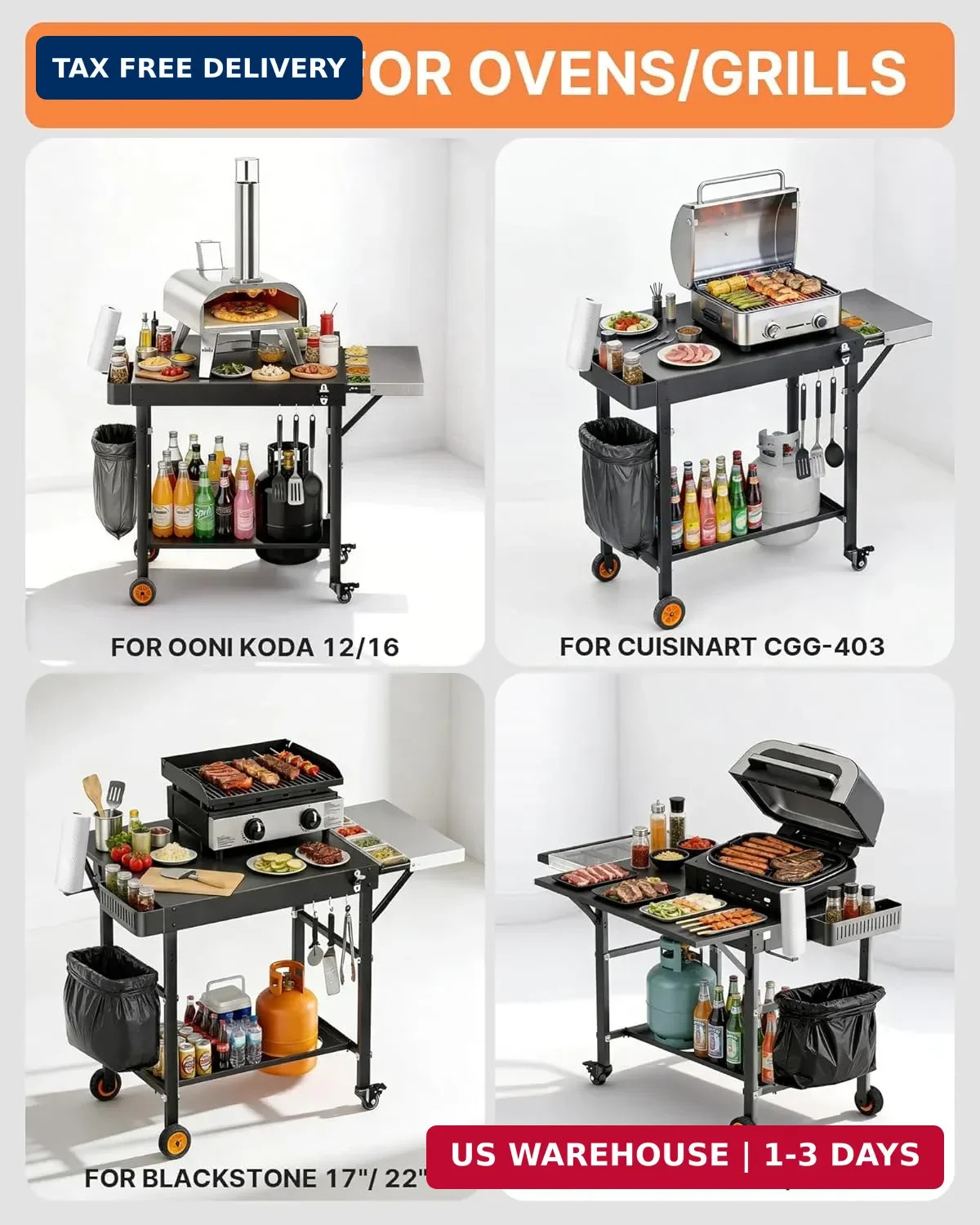 Outdoor Pizza Oven Table, Portable Pizza Oven Cart with Topping Station, Heavy D