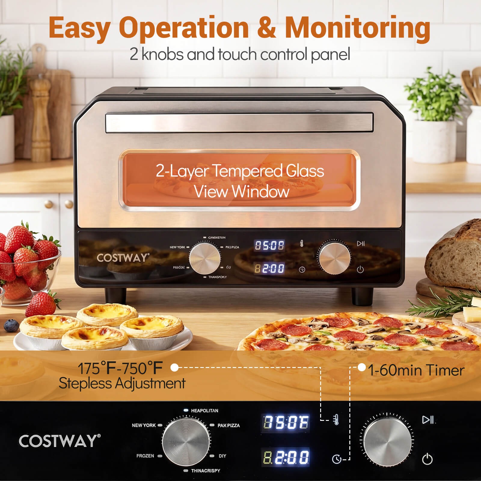Pizza Oven for 12″ Pizzas w/6 Presets & 2-Min Rapid Baking Heats up to 750℉