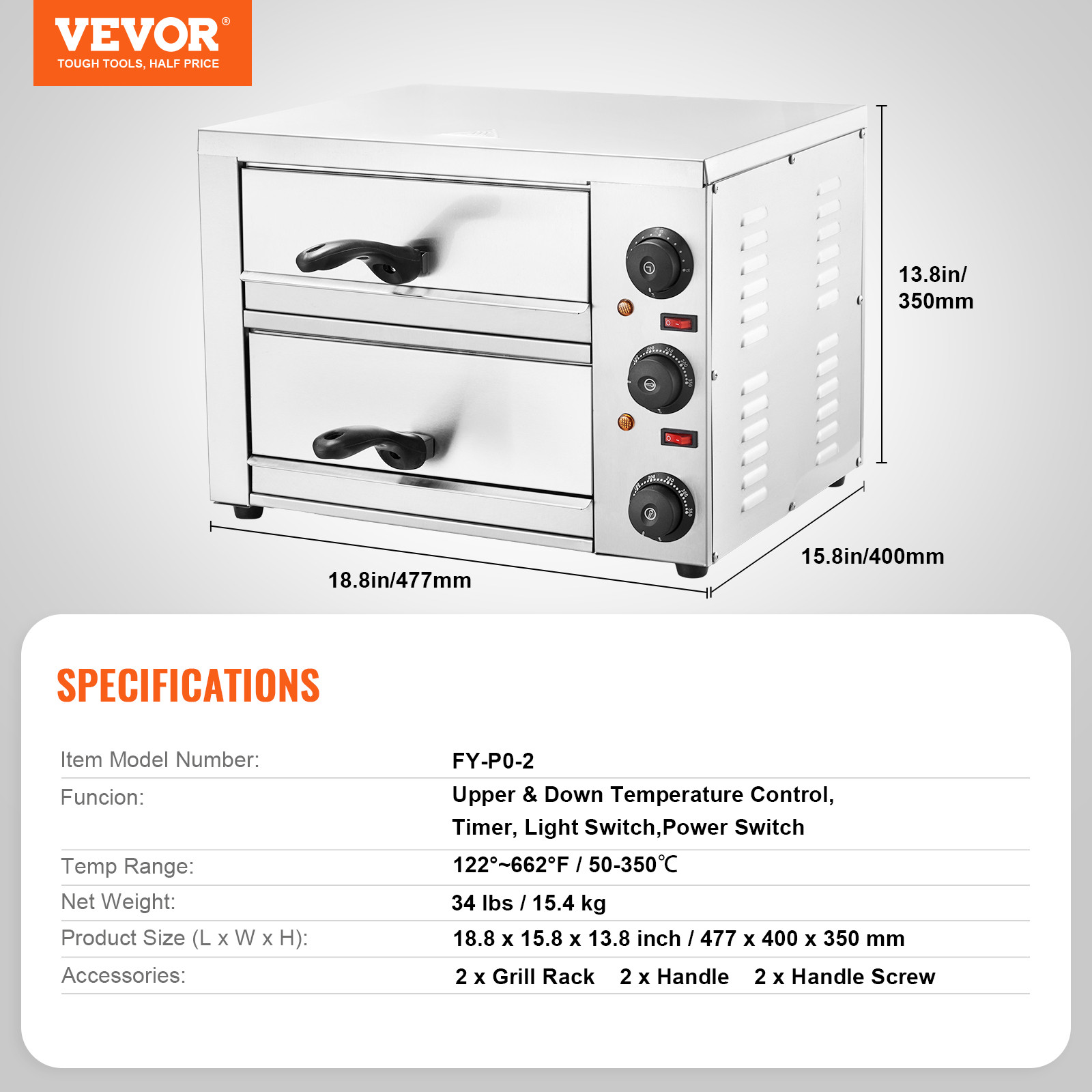 VEVOR Electric Countertop Pizza Oven 12″ Adjustable Temperature 0-120Min Timer