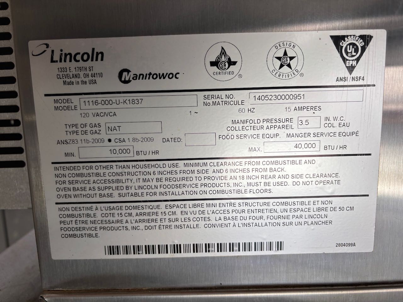 Lincoln Impinger 1116 Pizza 18″ Conveyor Belt Oven Nat Gas 2023 On Mobile Stand