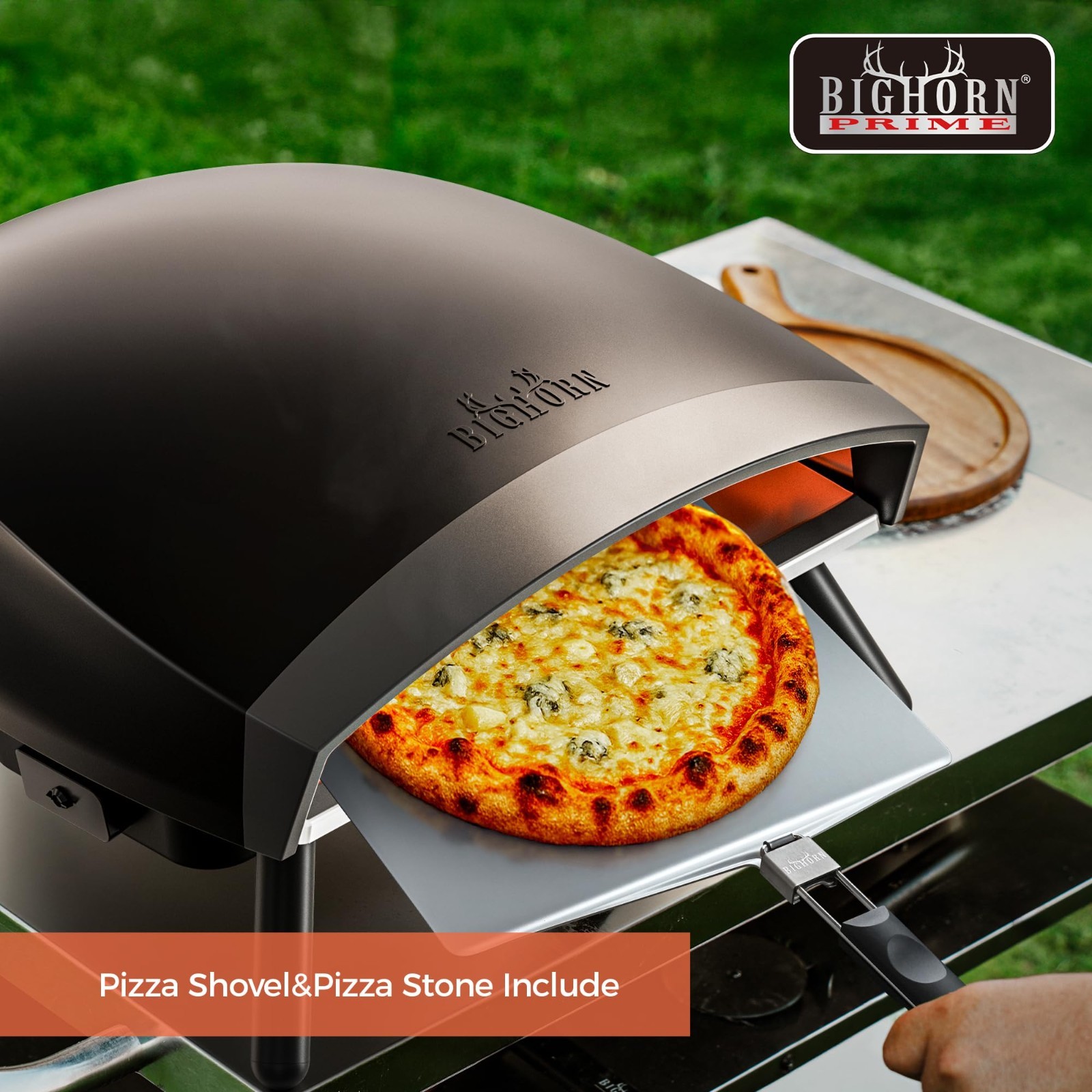 BIG HORN 16″ Propane Pizza Oven with Rotating Stone, Thermometer & Peel