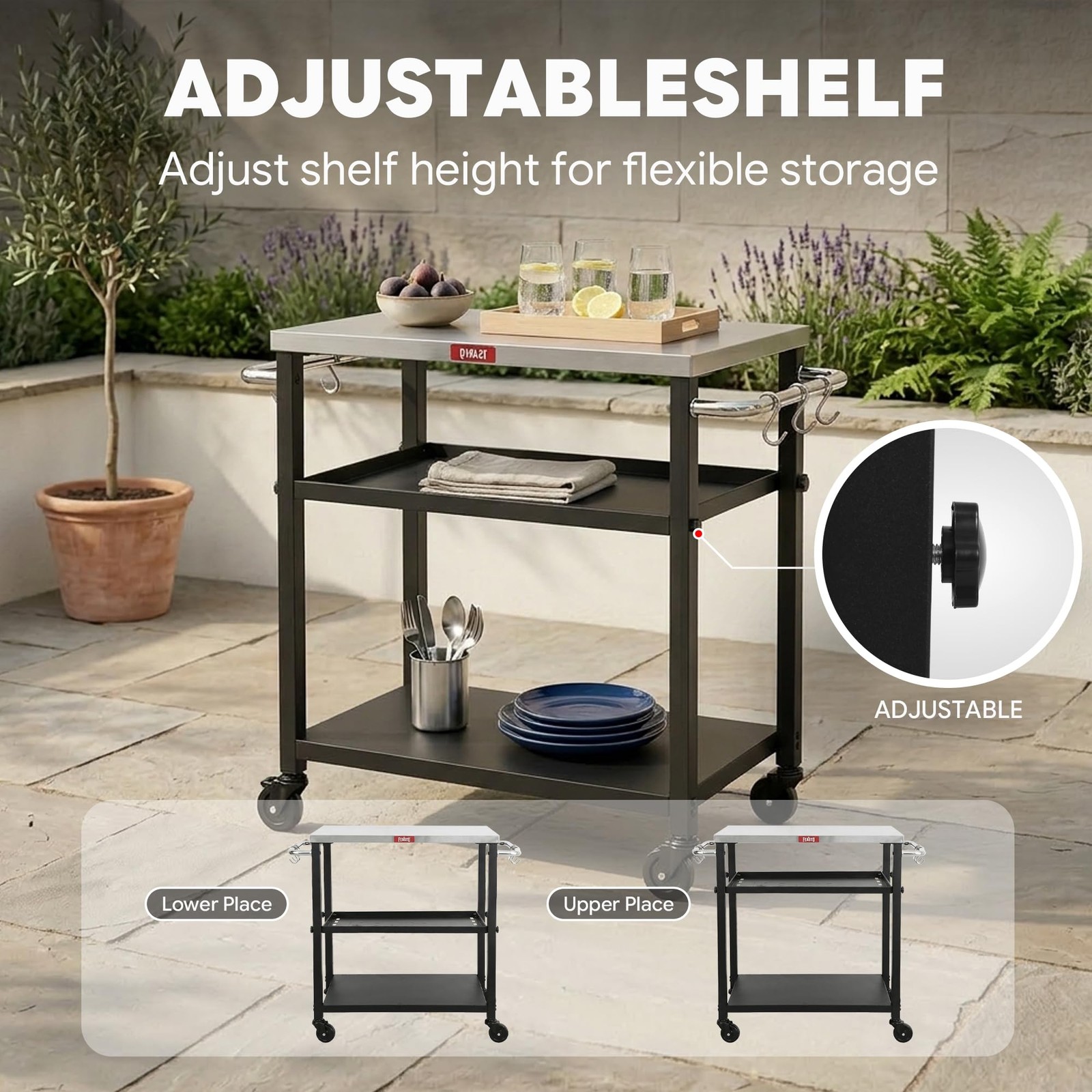 Feasto 3-Tier Outdoor Grill Cart, Rolling Pizza Oven Compact, Stainless Steel