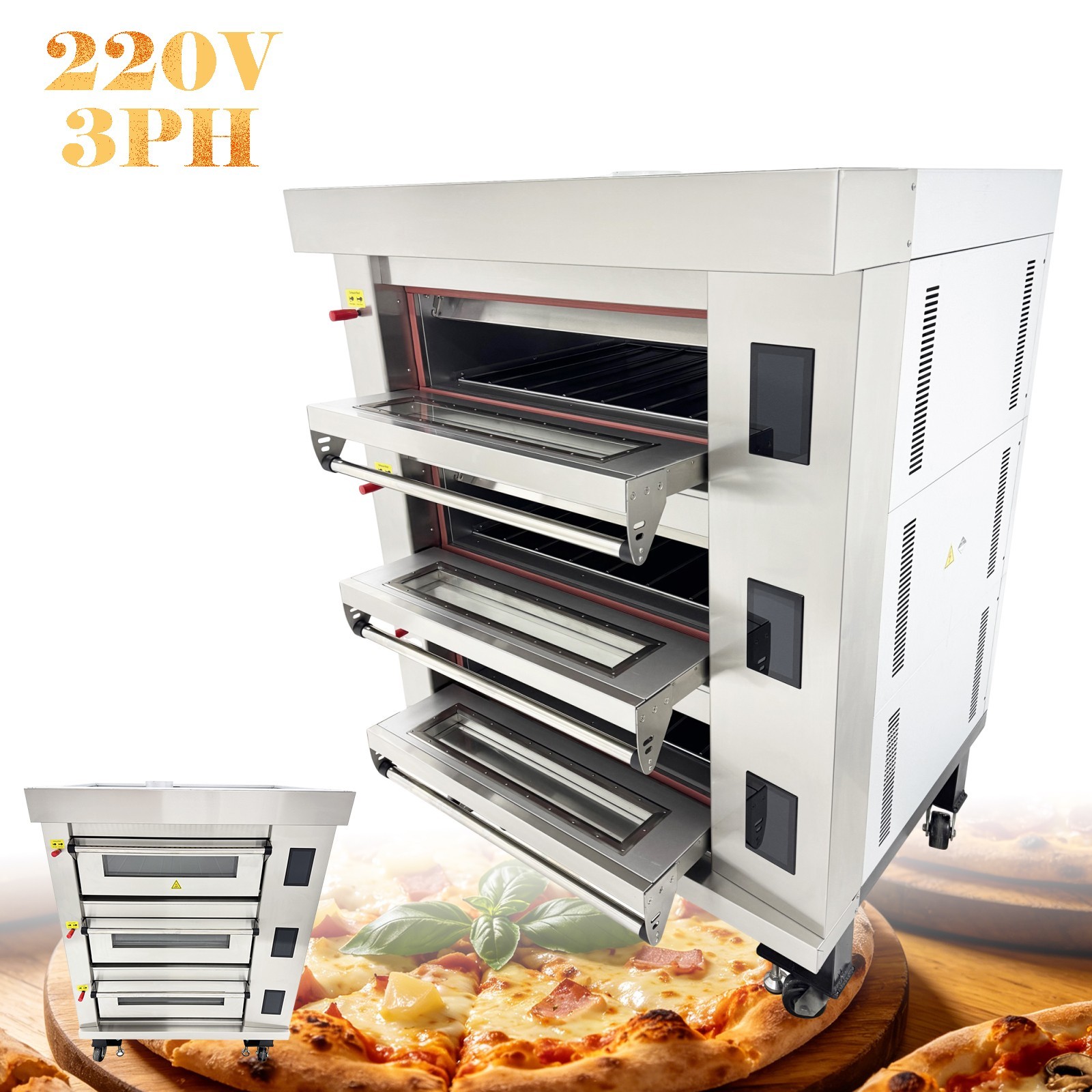 220V 19.8KW 3PH Movable Electric Pizza Oven LCD Touch Screen 3-Layer Pizza Oven