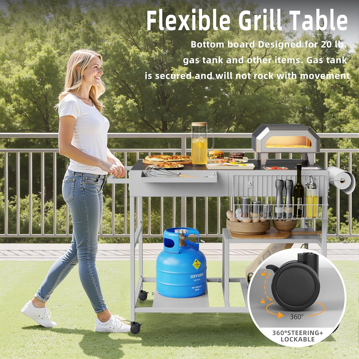 Vongrasig Pizza Oven Table with Topping Station, Patio Kitchen Island Outdoor Ba