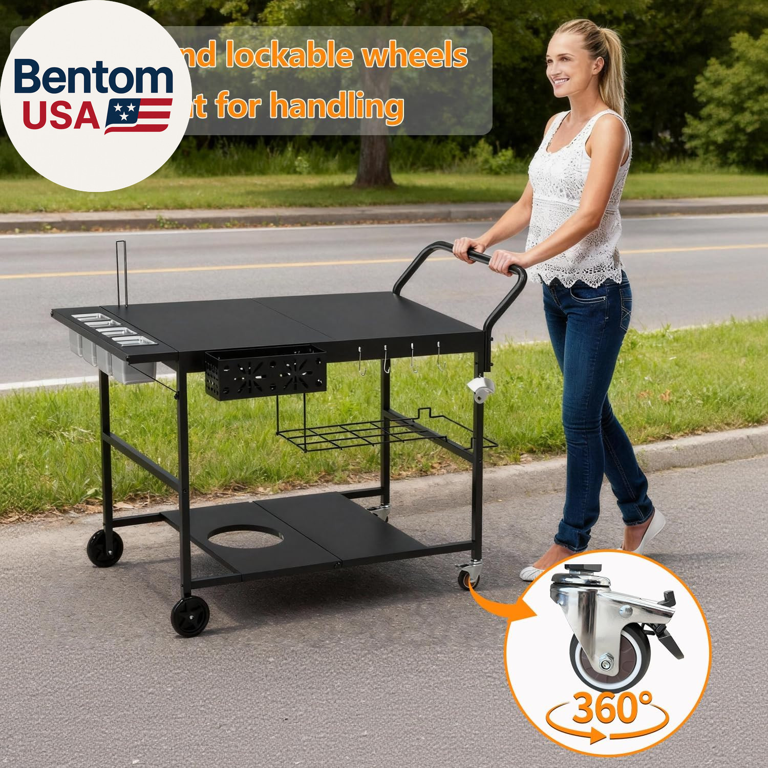 Pizza Oven Table with Topping Station, Outdoor Pizza Oven Cart, Grill Cart Table
