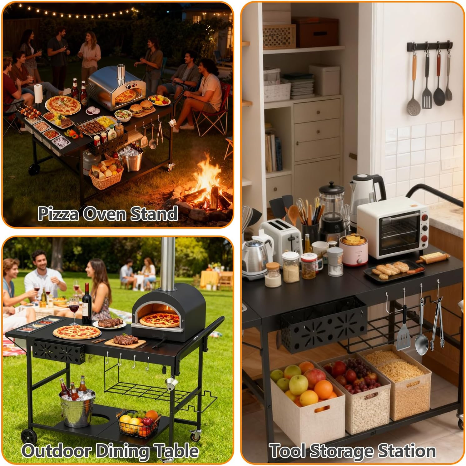 Pizza Oven Table with Topping Station, Outdoor Pizza Oven Cart, Grill Cart Table
