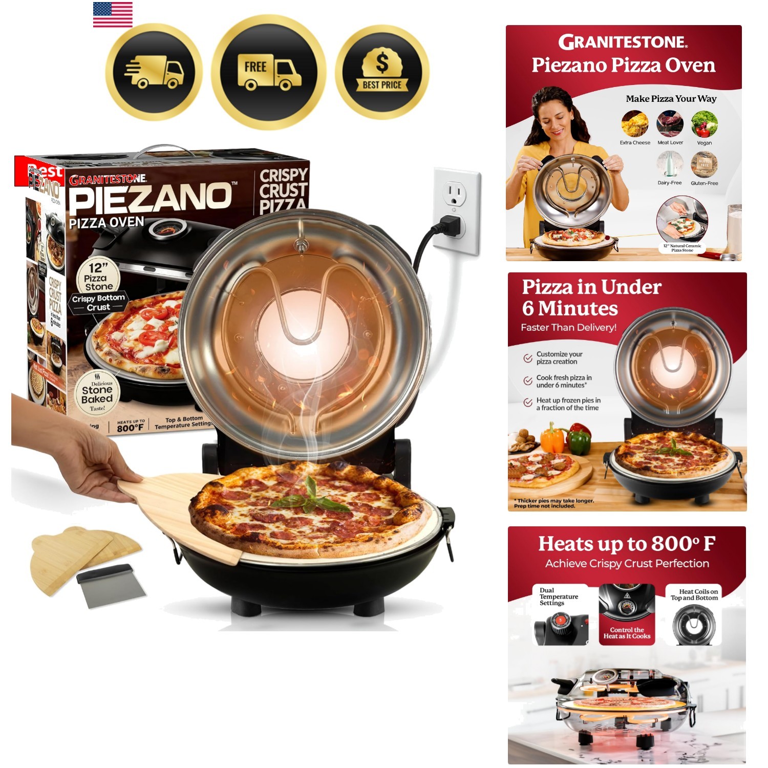Electric Pizza Oven 12 Inch Crispy Crust Dual Heat Heats Up to 800F