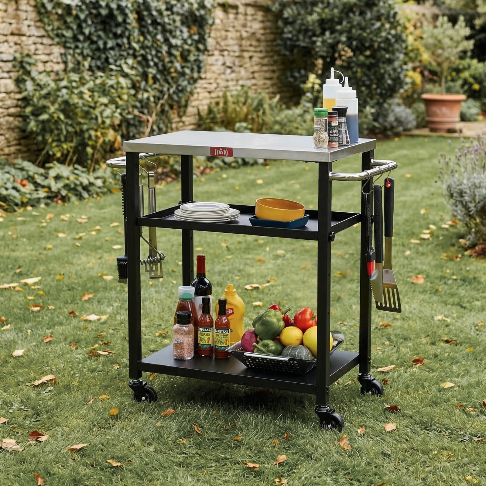 Feasto 3-Tier Outdoor Grill Cart, Rolling Pizza Oven Compact, Stainless Steel