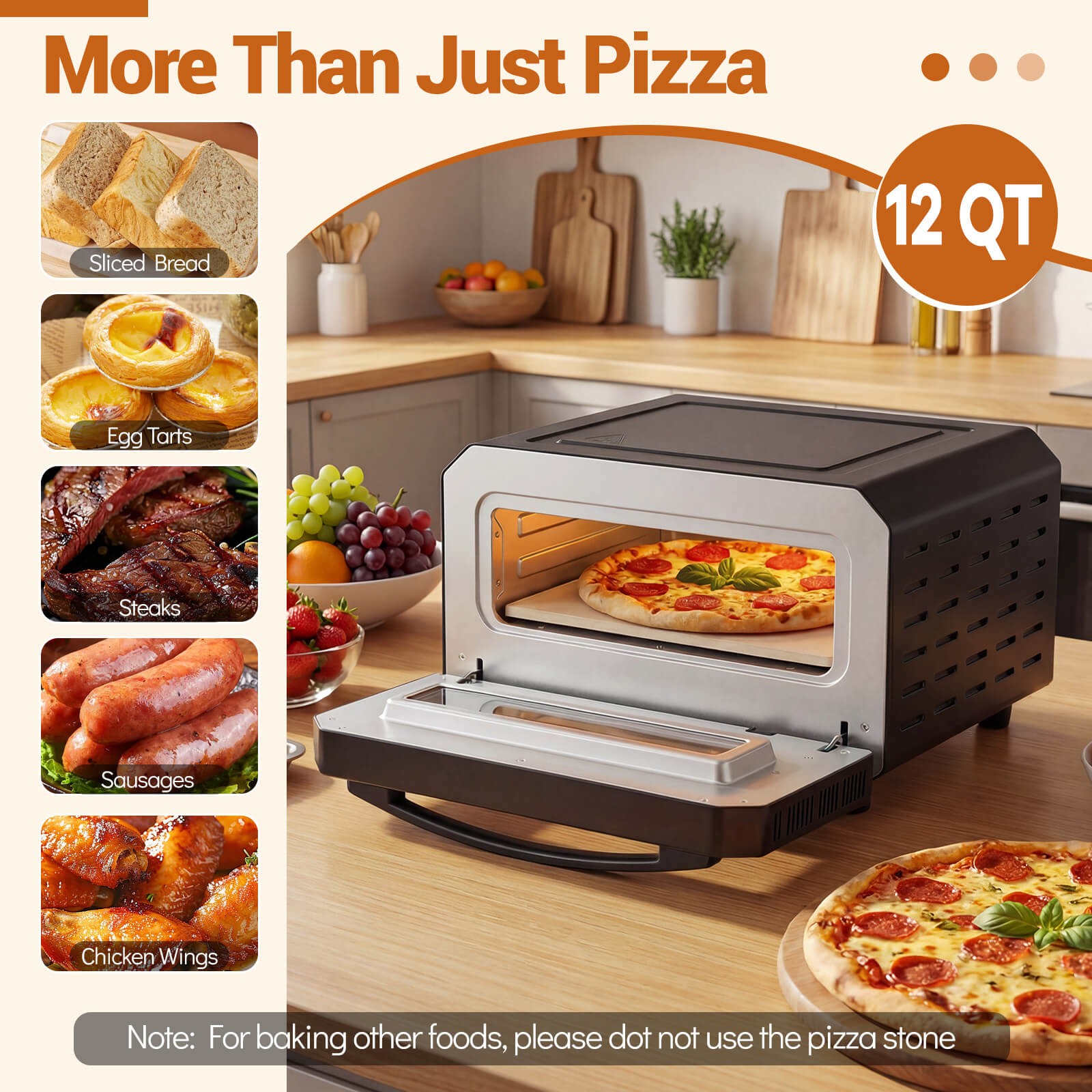 Pizza Oven for 12″ Pizzas w/6 Presets & 2-Min Rapid Baking Heats up to 750℉