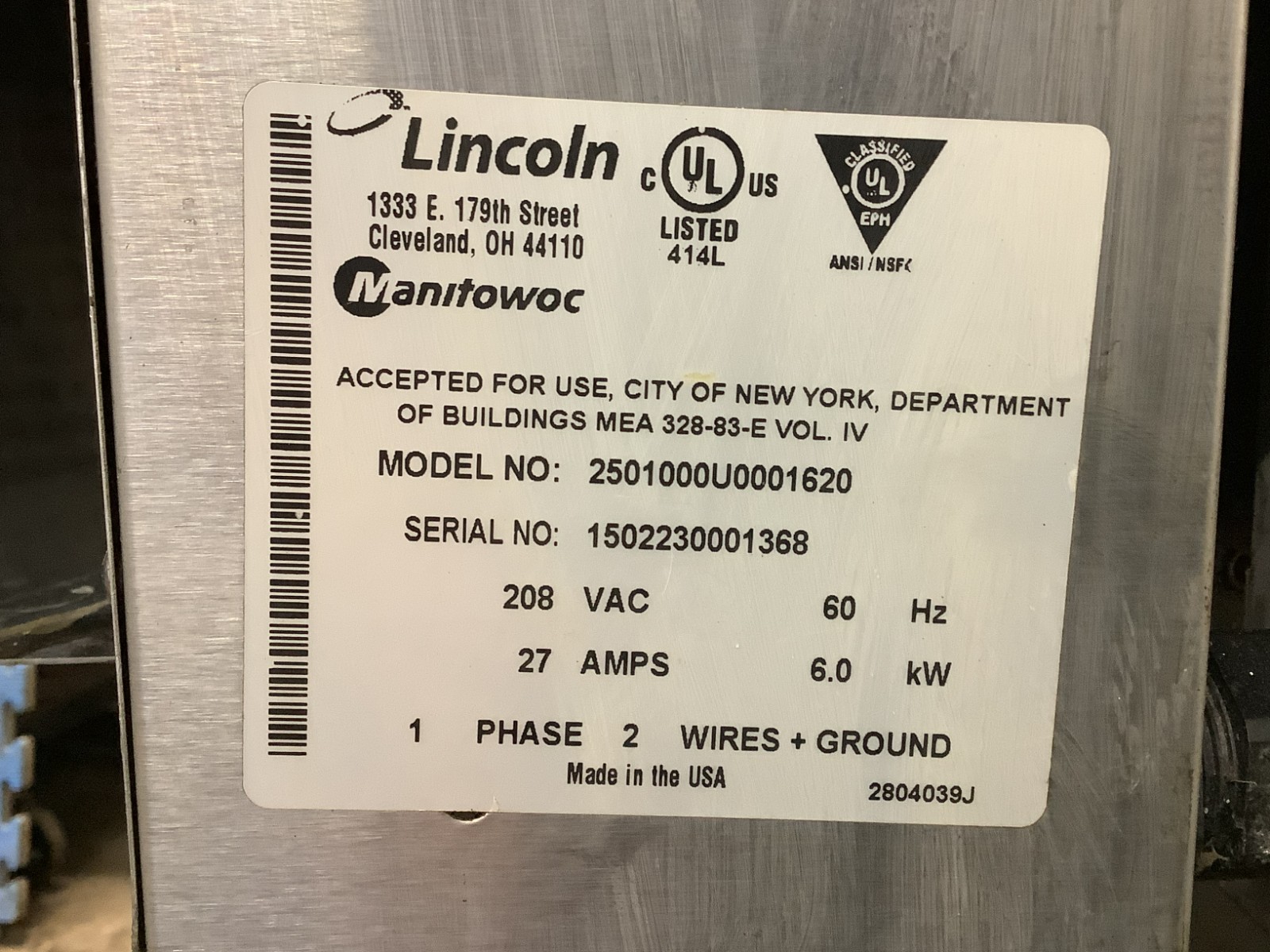 Conveyor Oven Lincoln 2501 SINGLE PHASE 208V 16″ wide belt Tested