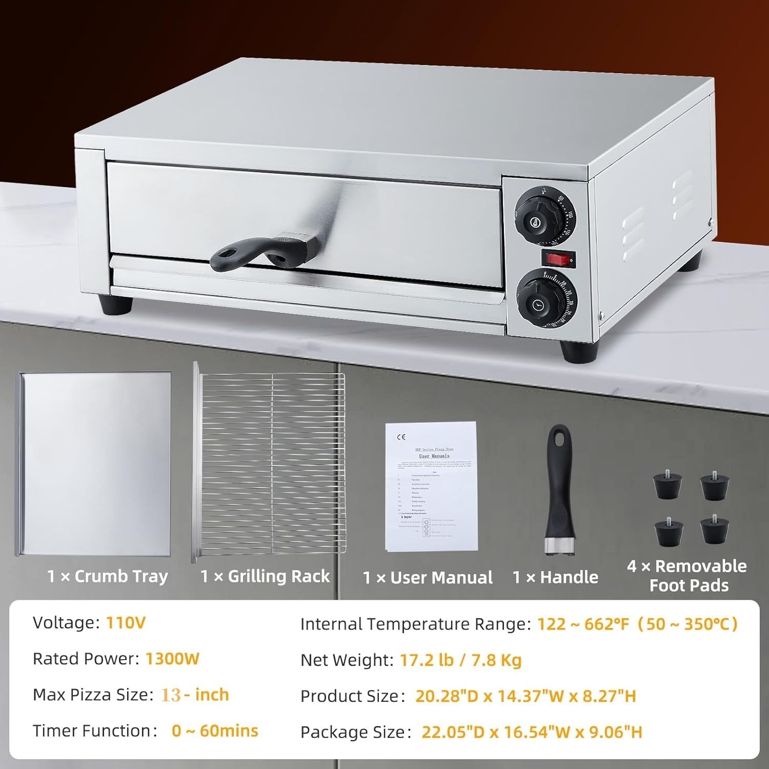 Commercial Pizza Oven Countertop 1300W Electric Pizza Maker for Pizza Up to 13″