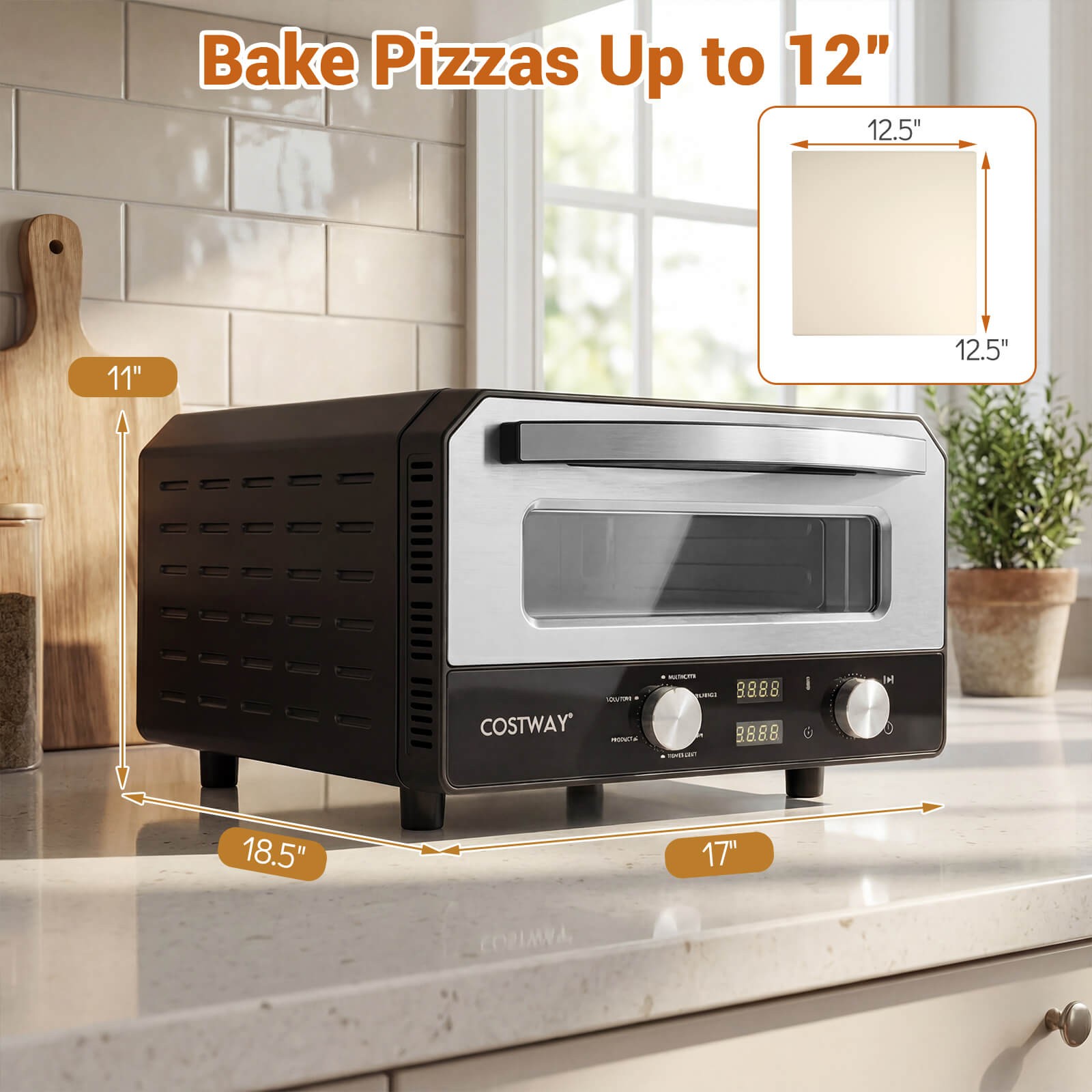 Pizza Oven for 12″ Pizzas w/6 Presets & 2-Min Rapid Baking Heats up to 750℉