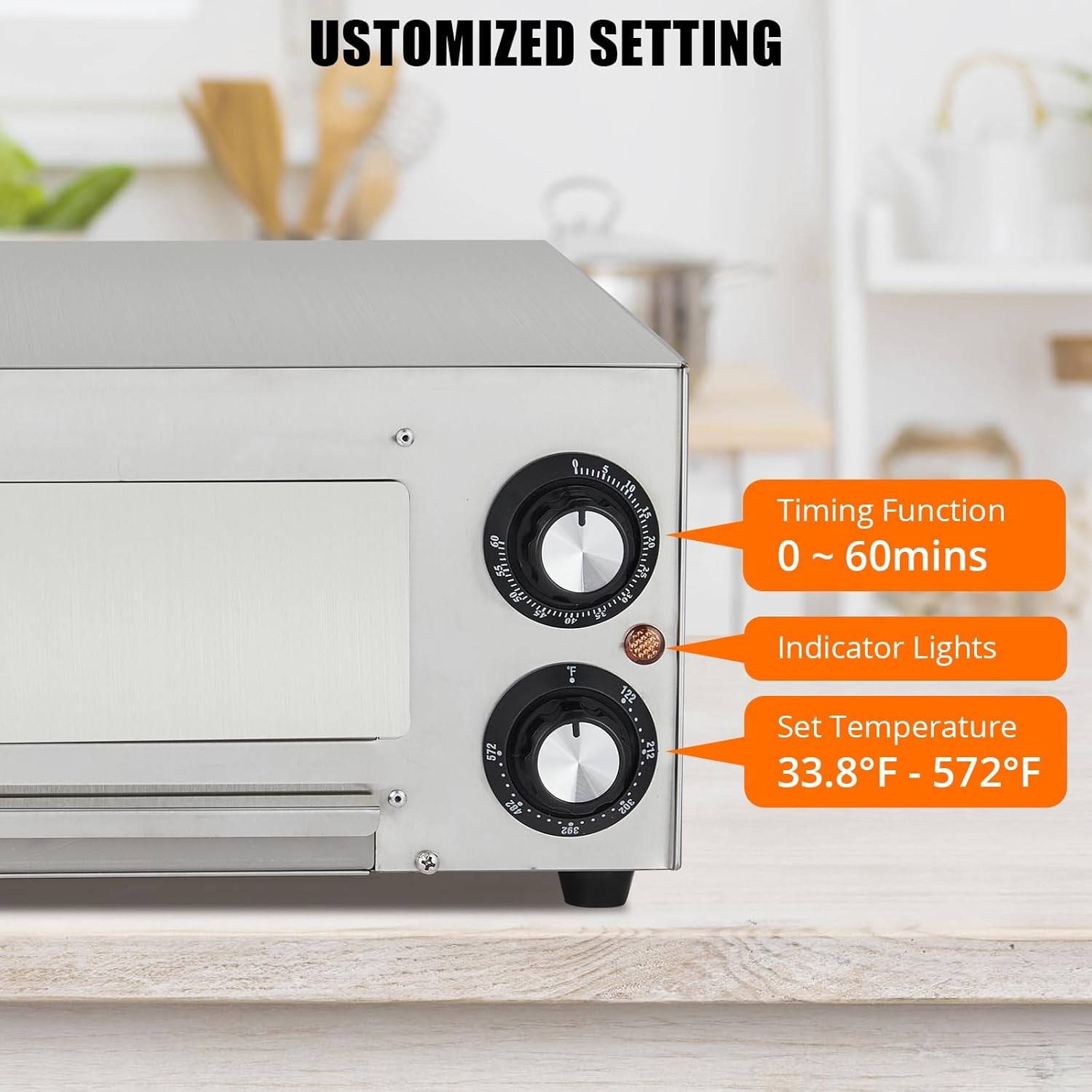 110V Electric Pizza Oven 1100W Dual Heating Timer Stainless Steel Removable Tray