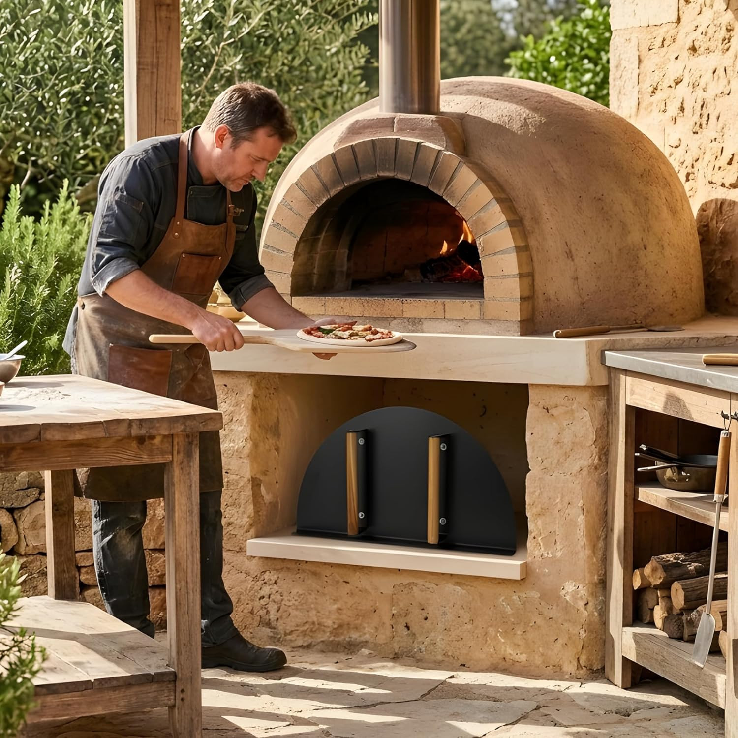 Pizza Oven Door – 20″L X 11″H Stainless Steel Heavy-Duty Door with Wooden Handle