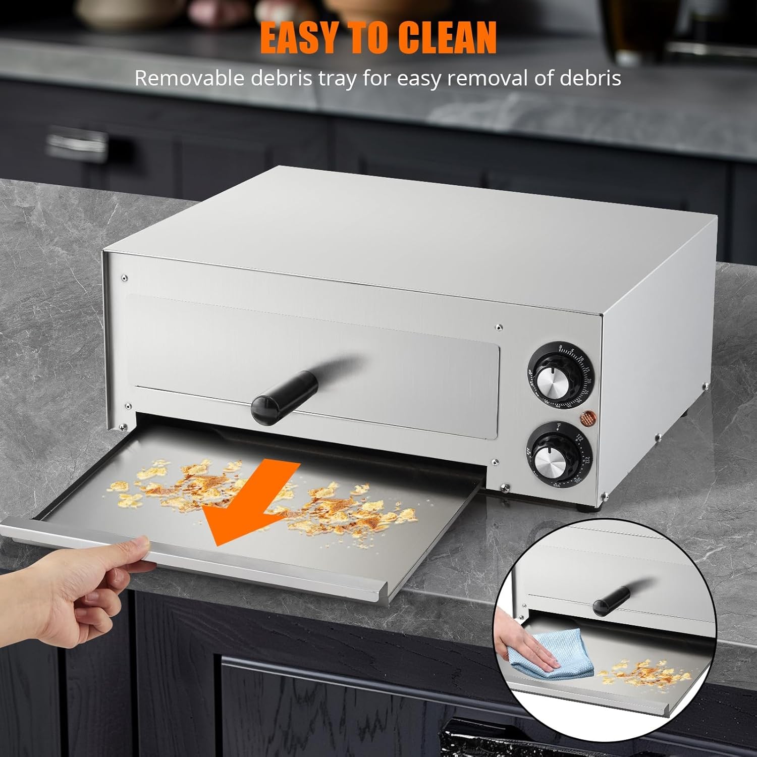 110V Electric Pizza Oven 1100W Dual Heating Timer Stainless Steel Removable Tray