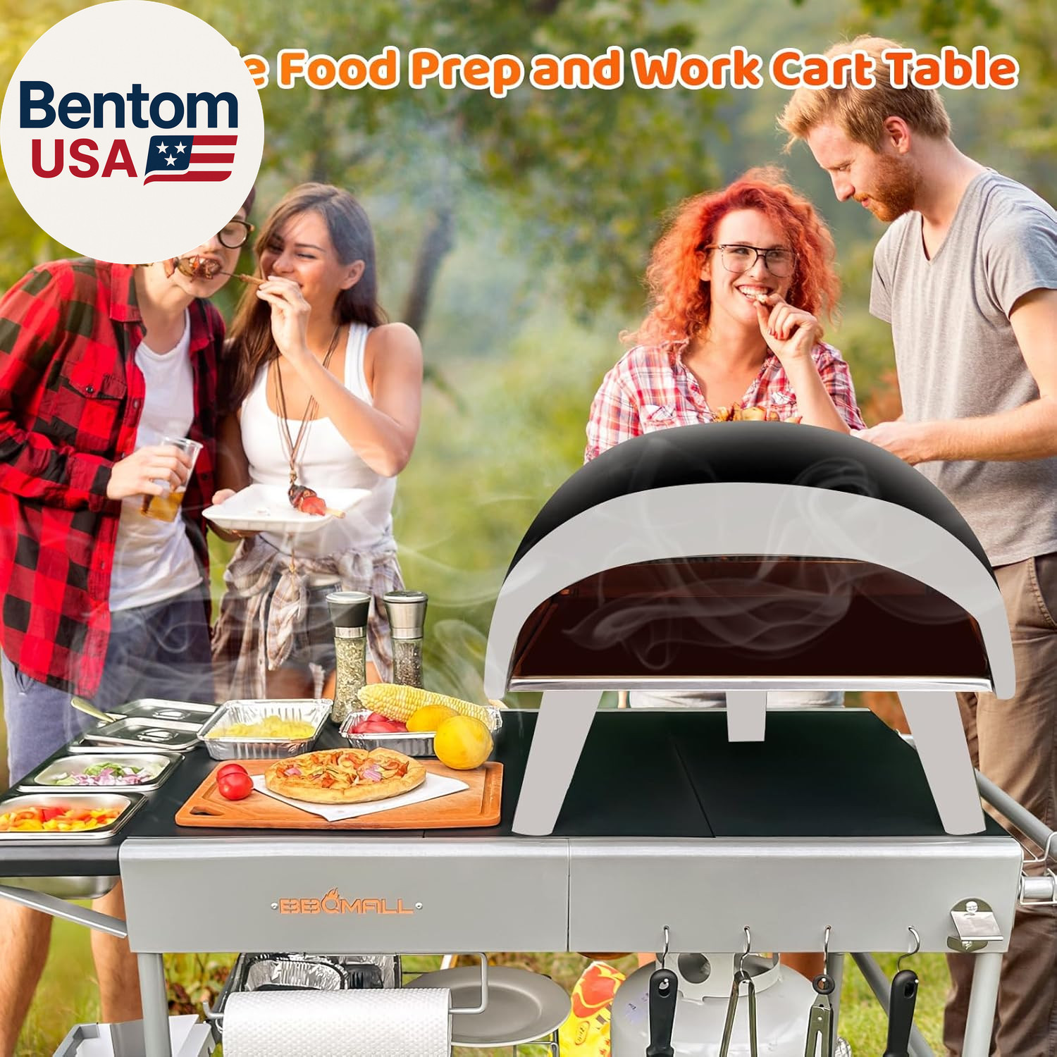 Pizza Oven Table Grill Cart with Pizza Topping Station Movable Food and Prep Wor