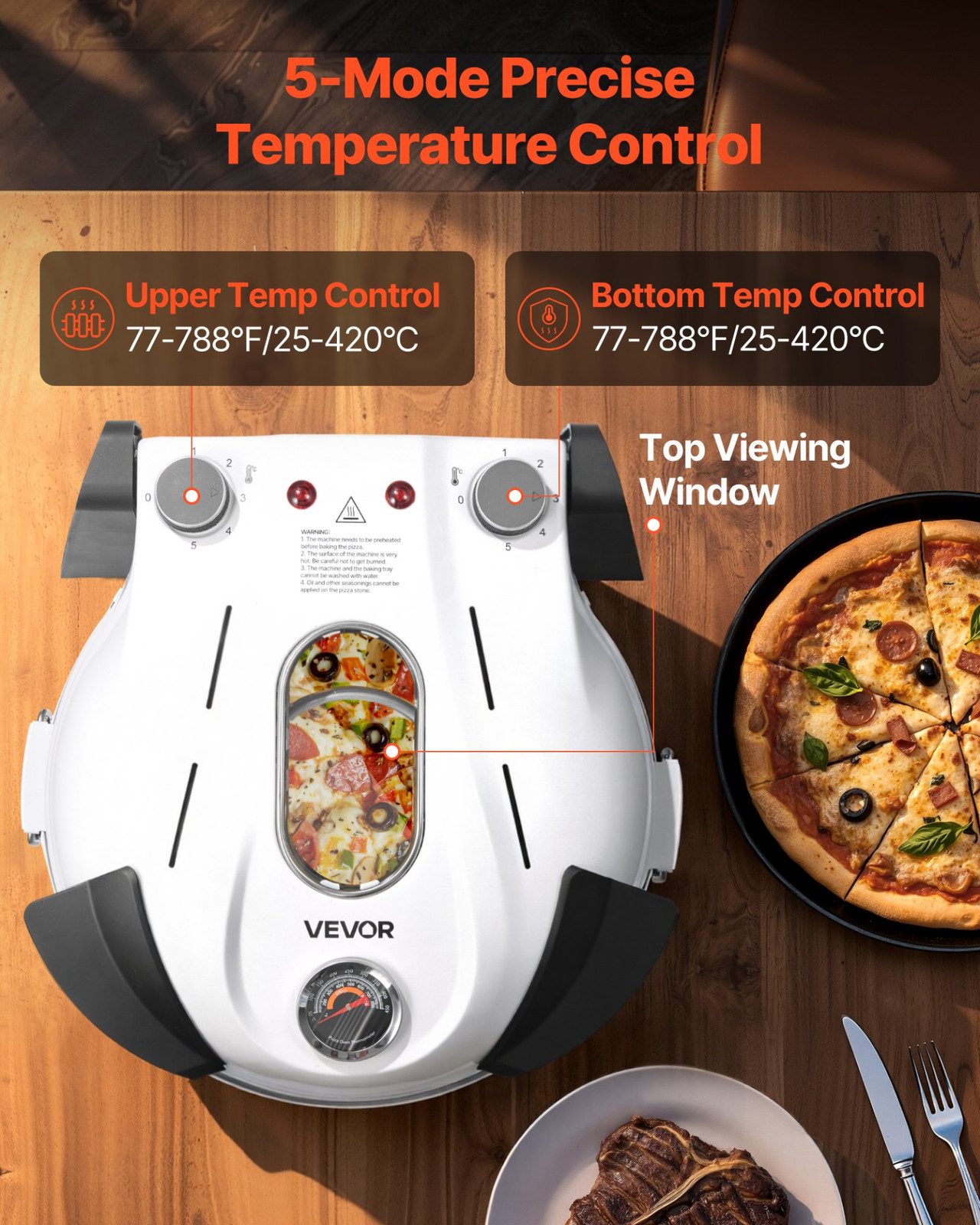 12″ Electric Pizza Oven 1200W Maker w/Stone 5-Mode Temp Control Home White
