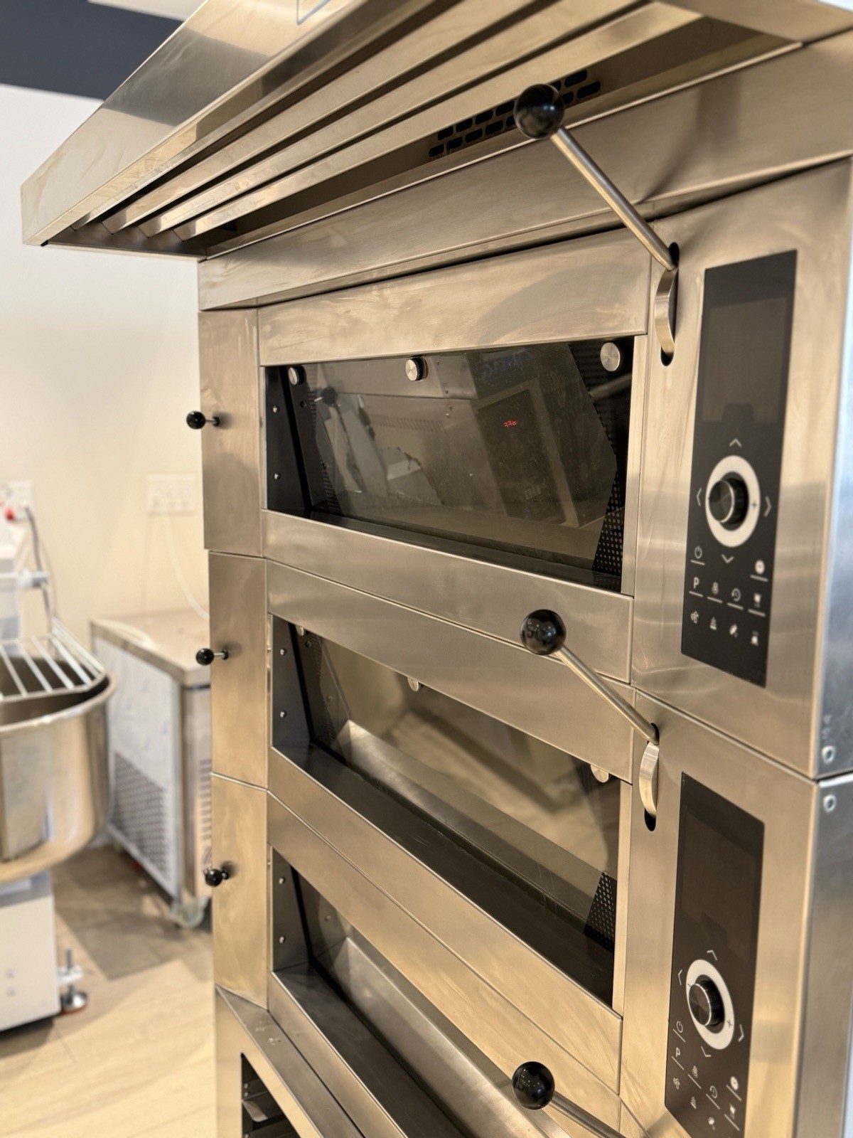 European 3-Deck Commercial Bakery Stone Oven, Single Phase, + Cart & Exhaust