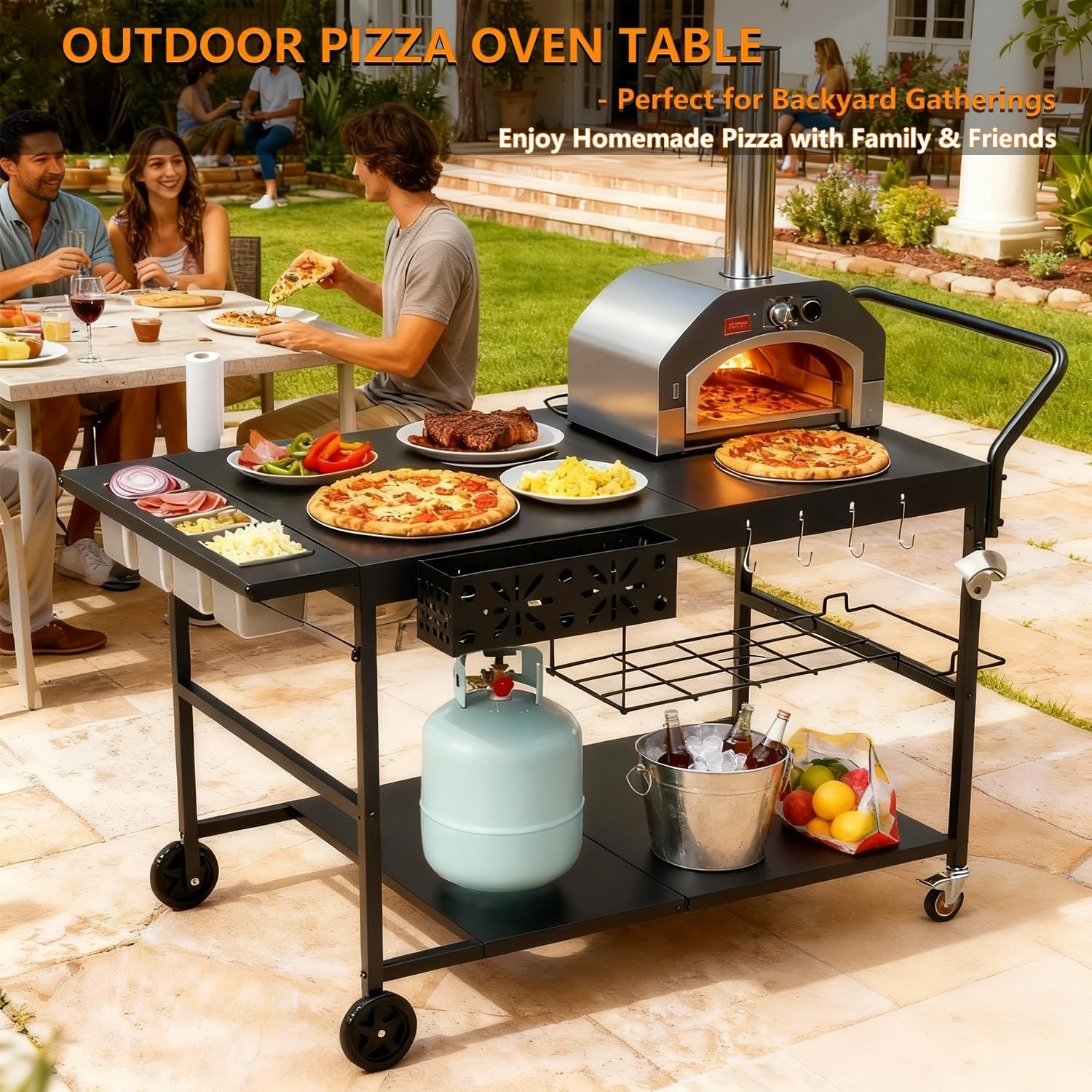Pizza Oven Table with Topping Station Outdoor Pizza Oven Cart Grill Cart Table