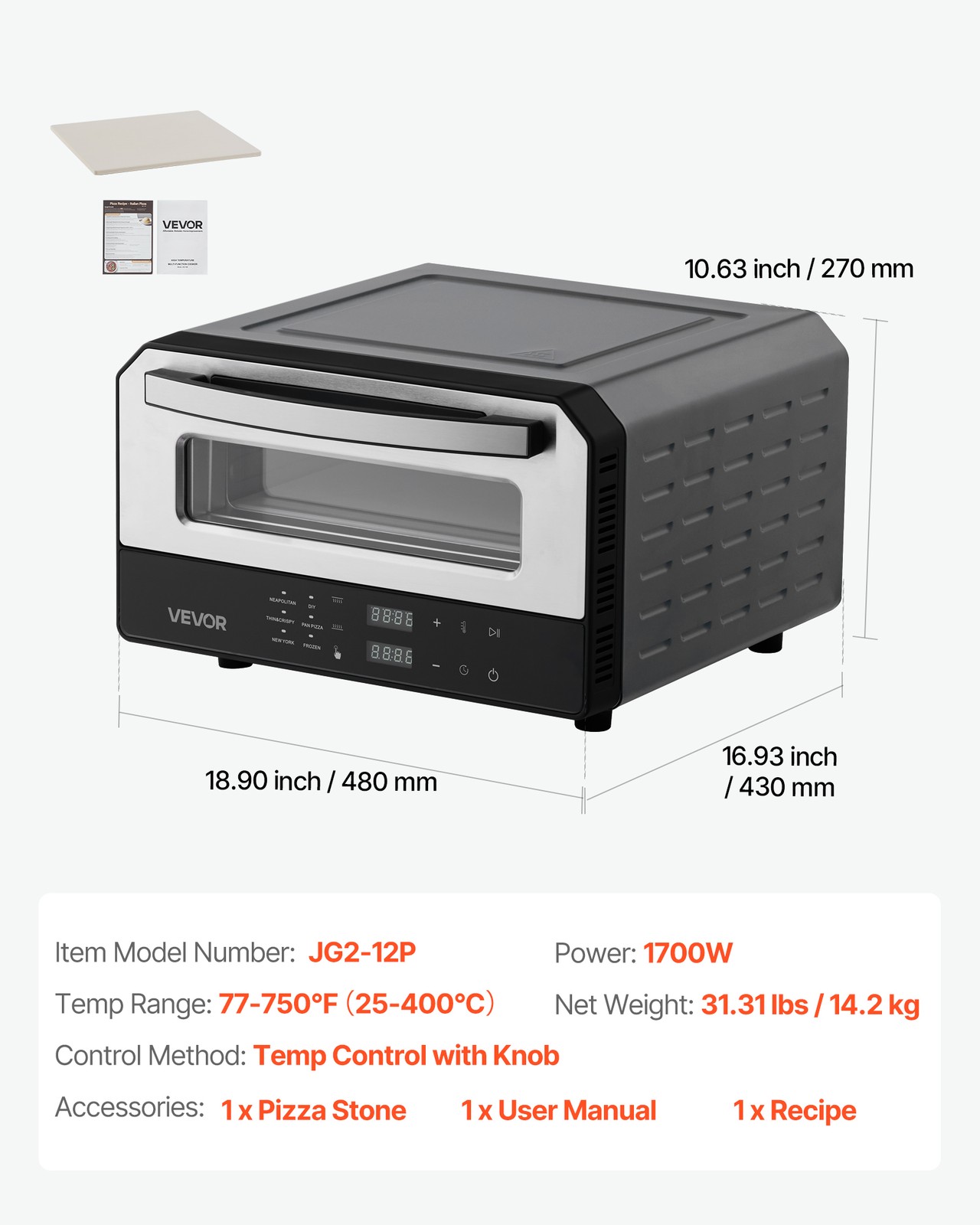 VEVOR 12 Inch Electric Pizza Oven with Pizza Stone 750℉ Max Temp Pizza Maker