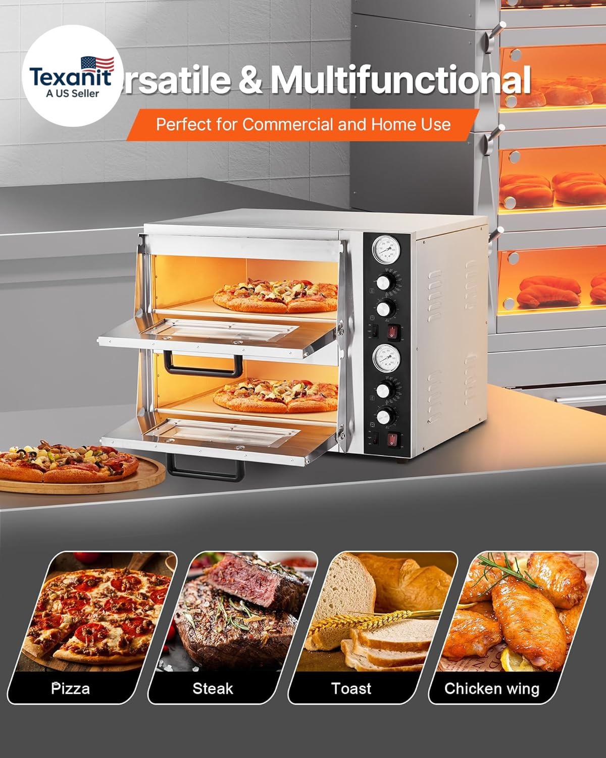 Pizza Oven Electric, 18″ Double-Deck Commercial Countertop Pizza Oven, 842°F Max