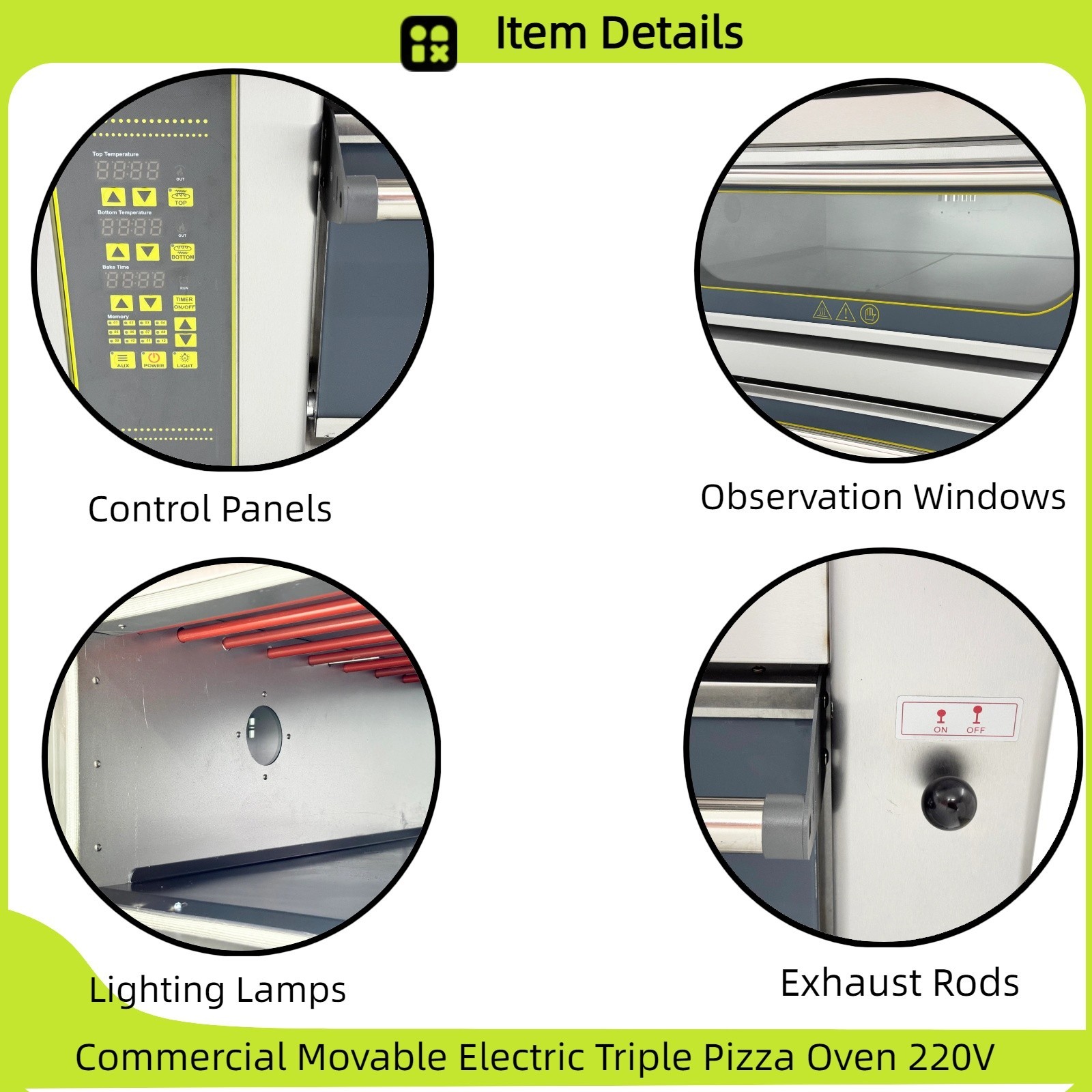 Commercial Movable Electric Triple Pizza Oven 220V 6 Baking Sheets 0-300˚C